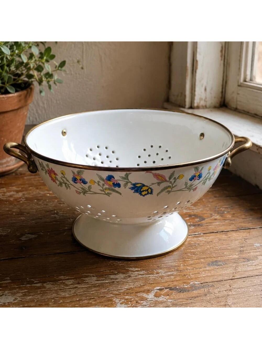 Vintage Floral Enamel Colander with Brass Handles